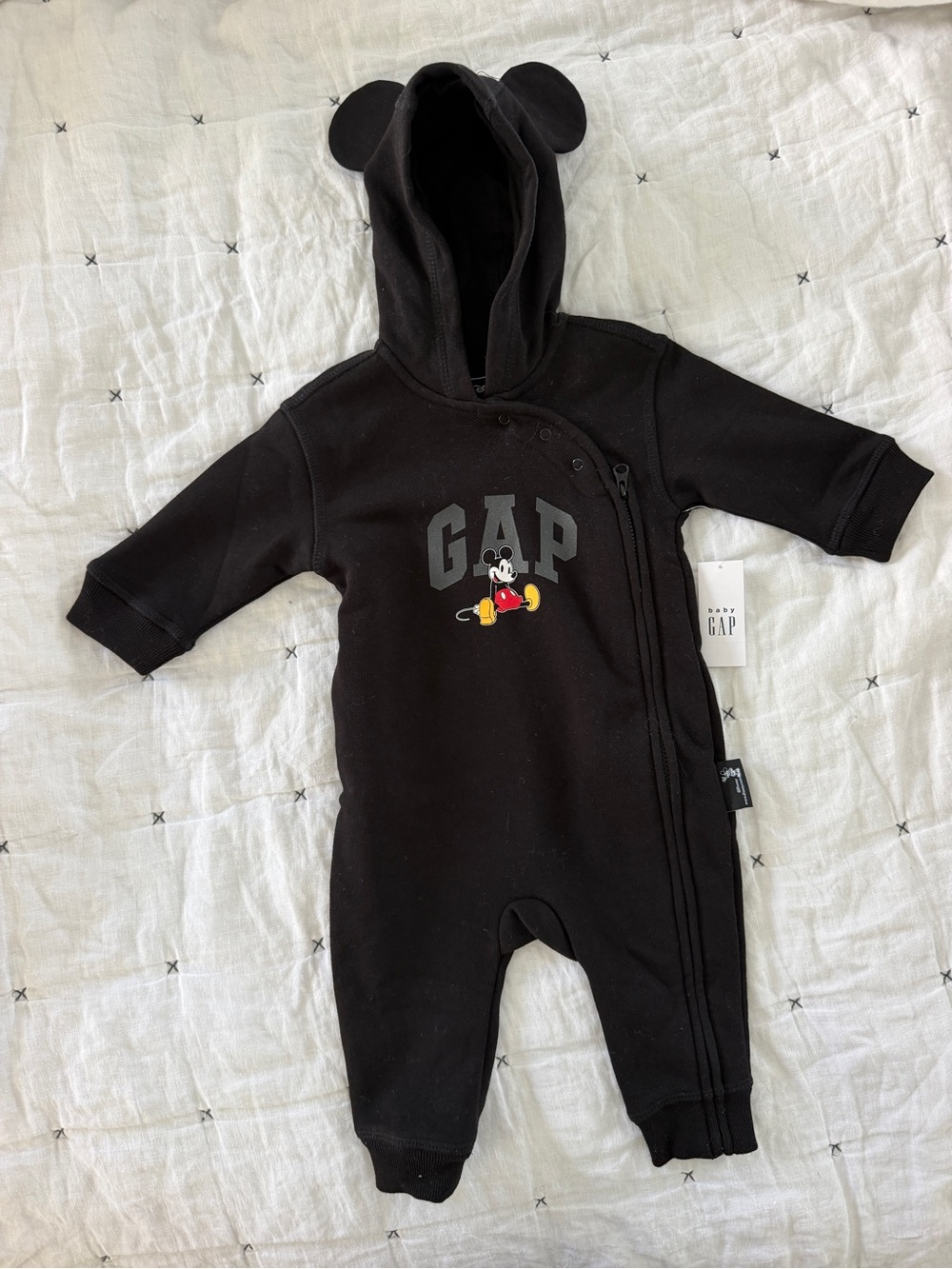 GAP x Disney Black Mickey Mouse Hooded Baby One-Piece